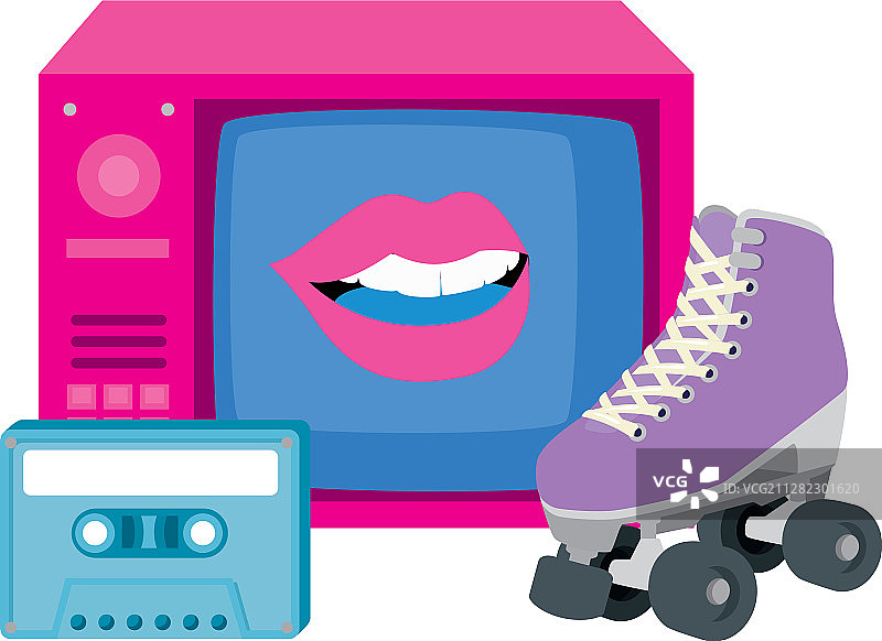90年代电视与滑冰鞋、卡带图片素材