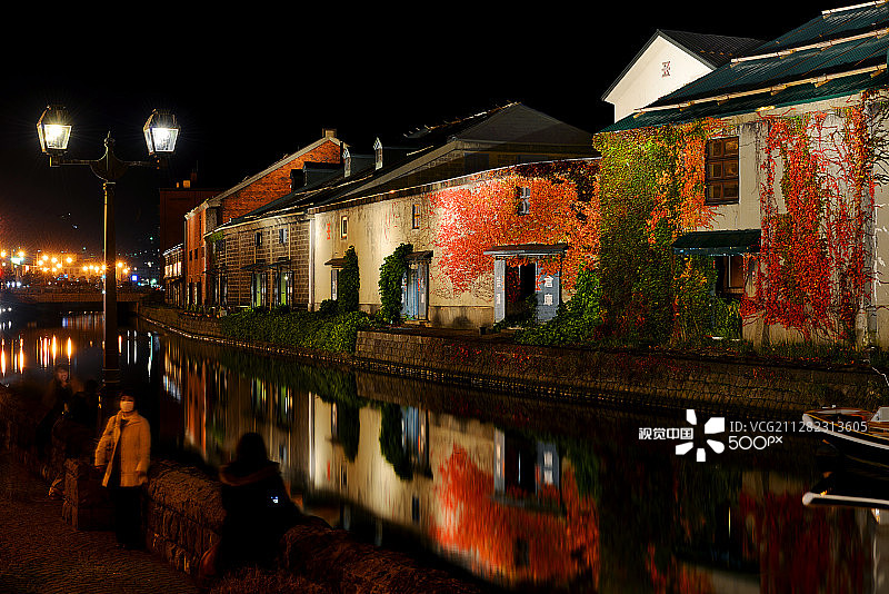 夜晚的小樽运河，日本北海道图片素材
