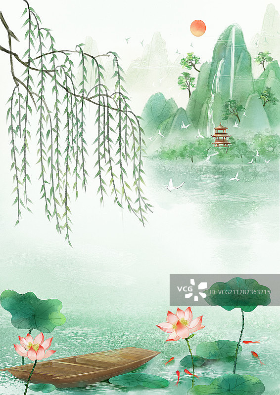 夏至节气中国风小清新水墨风格山水插画图片素材