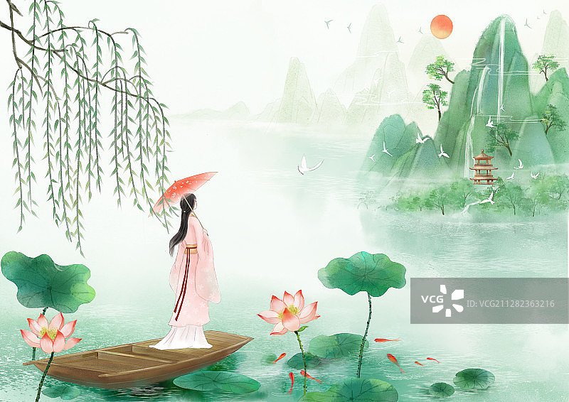 夏至节气中国风小清新水墨风格山水插画图片素材