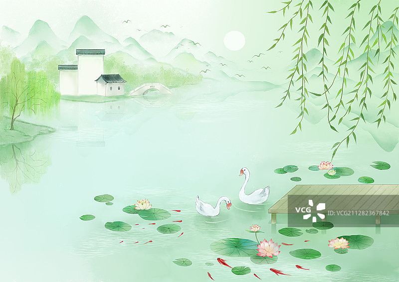 大暑节气中国风小清新水墨风格山水插画图片素材