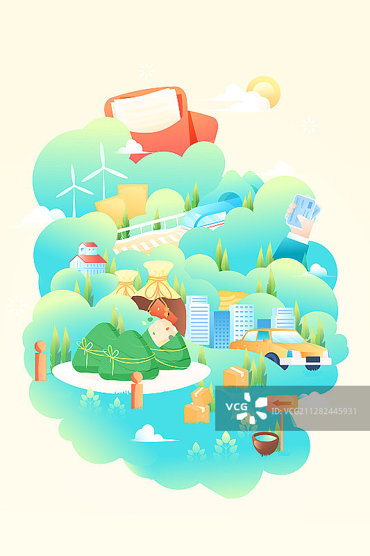 端午节中国风传统节日习俗汽车出行红包活动矢量插画图片素材