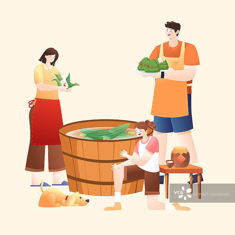 端午节家人包粽子传统习俗活动夏季风景背景中国风矢量插画图片素材