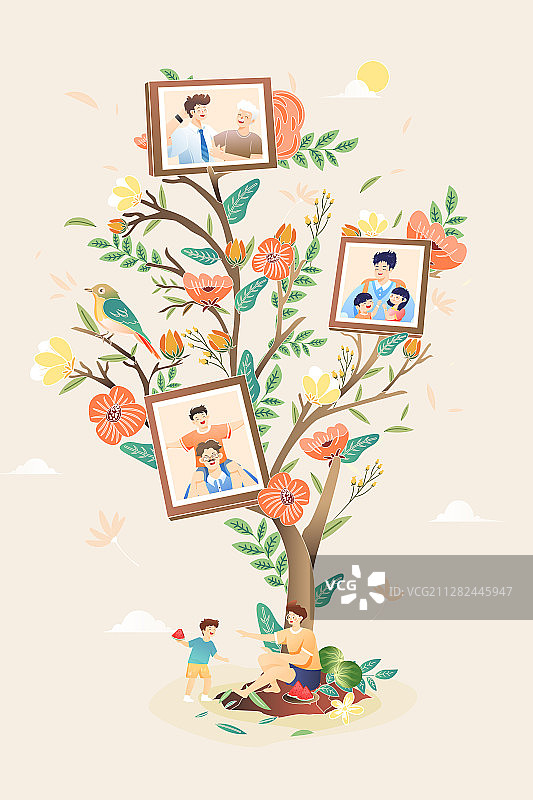 夏季父亲节亲子相框时光岁月记录生活亲情感恩感谢矢量插画图片素材