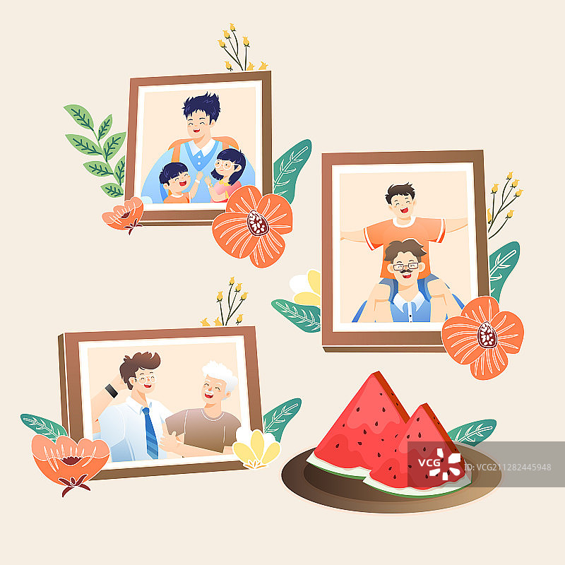 夏季父亲节亲子相框时光岁月记录生活亲情感恩感谢矢量插画图片素材