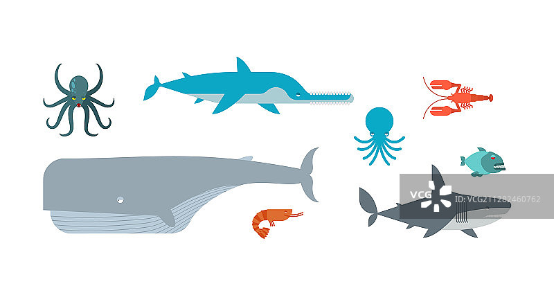 水下动物合集：鱼、锯鳐与鲸鱼图片素材