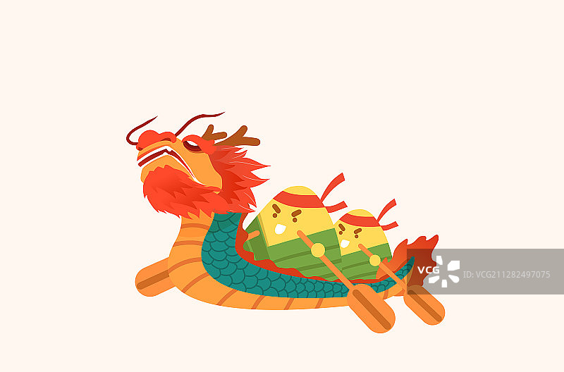 卡通手绘端午节粽子划龙舟插画图片素材