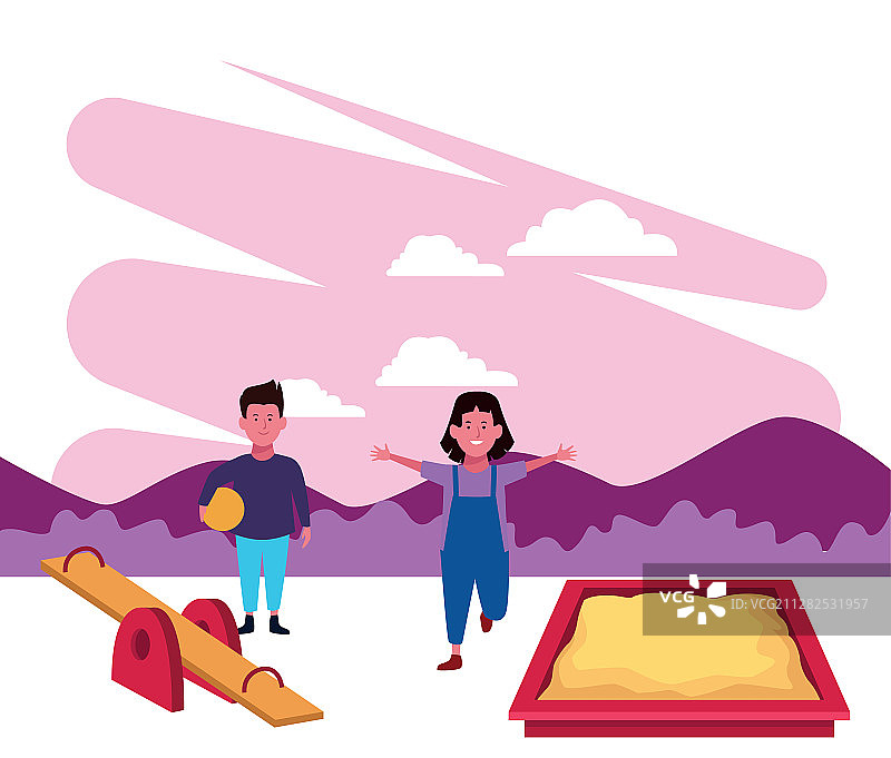 儿童乐园：男孩女孩在沙箱和跷跷板上玩耍图片素材