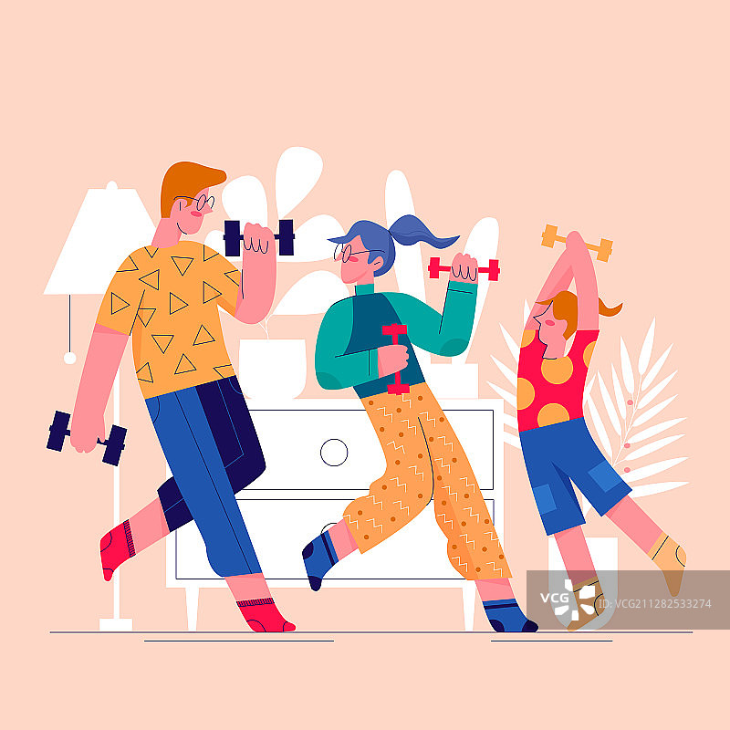 运动家庭居家锻炼扁平图片素材