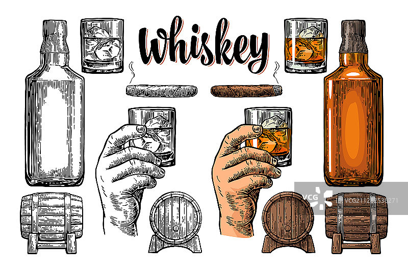 带冰块的威士忌酒杯和桶装酒瓶图片素材