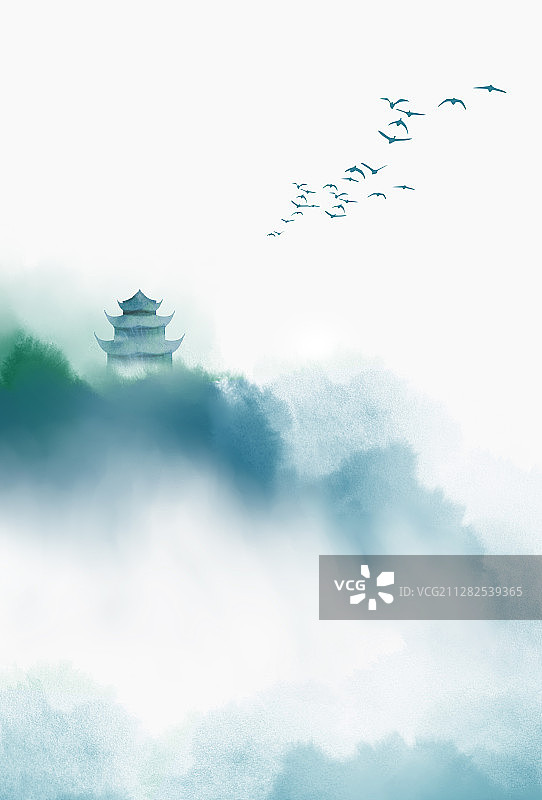 蓝色中式山水画图片素材