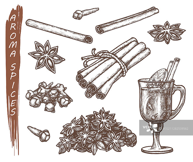 一组孤立的香料草图图片素材