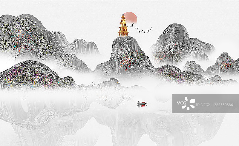 手绘中国风意境水墨山水画图片素材