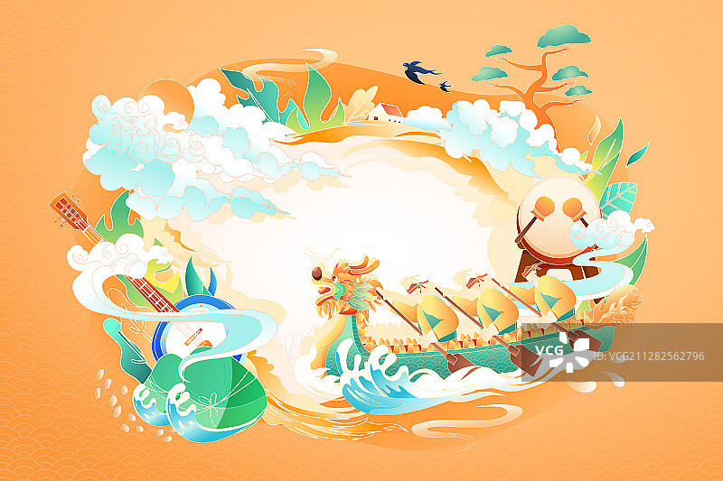 端午节传统节日夏季粽子赛龙舟荷花荷叶夏至节气中国风矢量插画图片素材