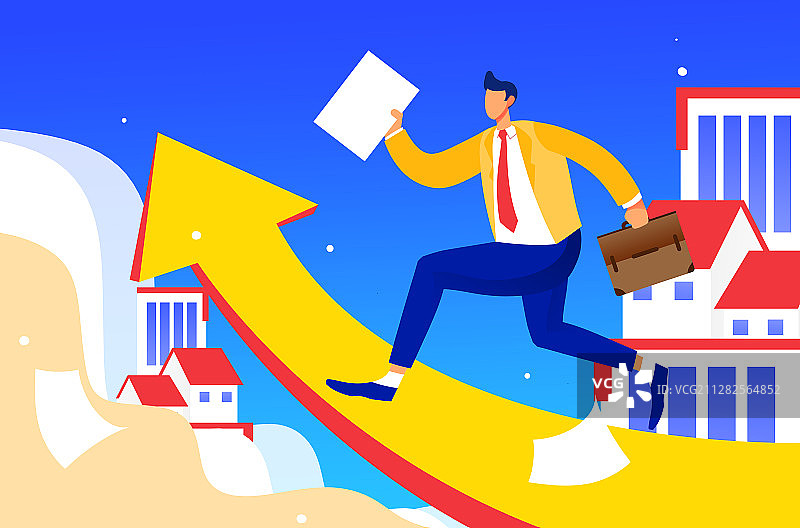 卡通手绘白领脚踏箭头奔跑插画图片素材