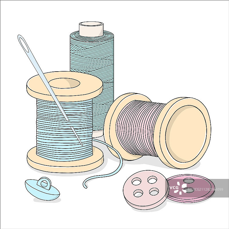 线轴、线扣和缝纫针图片素材