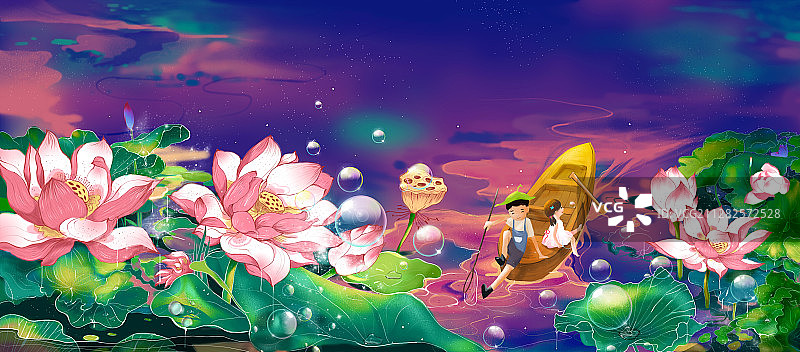 夏日池塘荷花孩童戏水插画图片素材