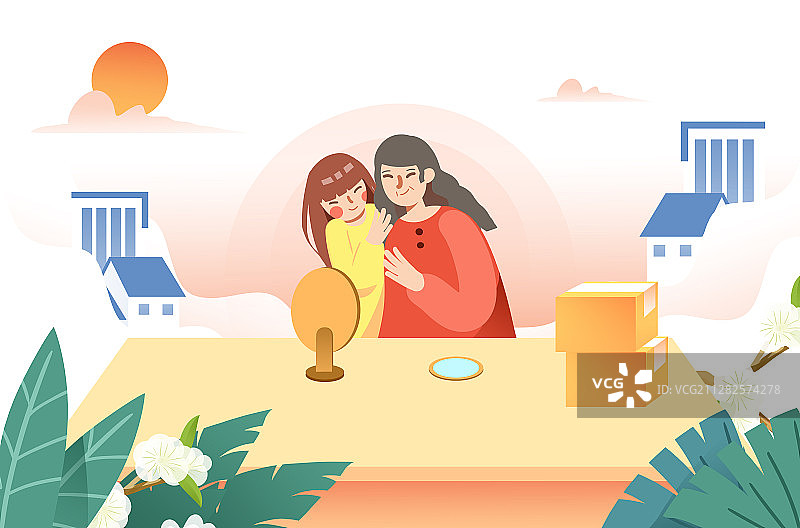 卡通手绘女儿给妈妈化妆插画图片素材