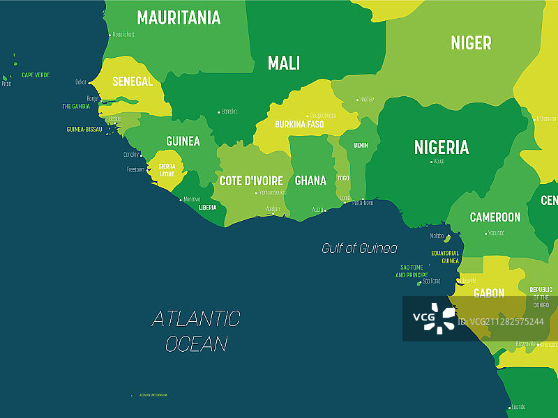 西非地图 - 深色背景上的绿色调图片素材