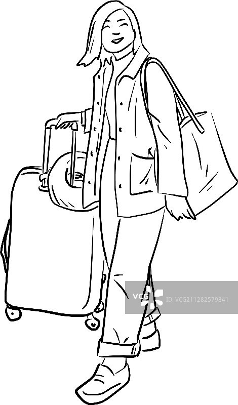 拿着行李包的女人素描图片素材