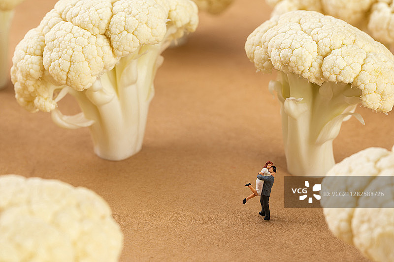 花椰菜下微距小人情侣拥抱图片素材