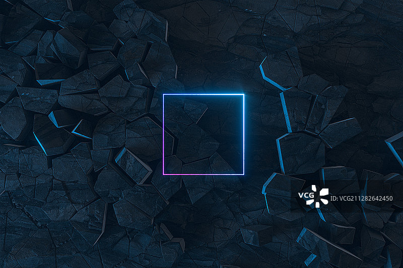 破碎的岩石与发光线框 3D渲染图片素材