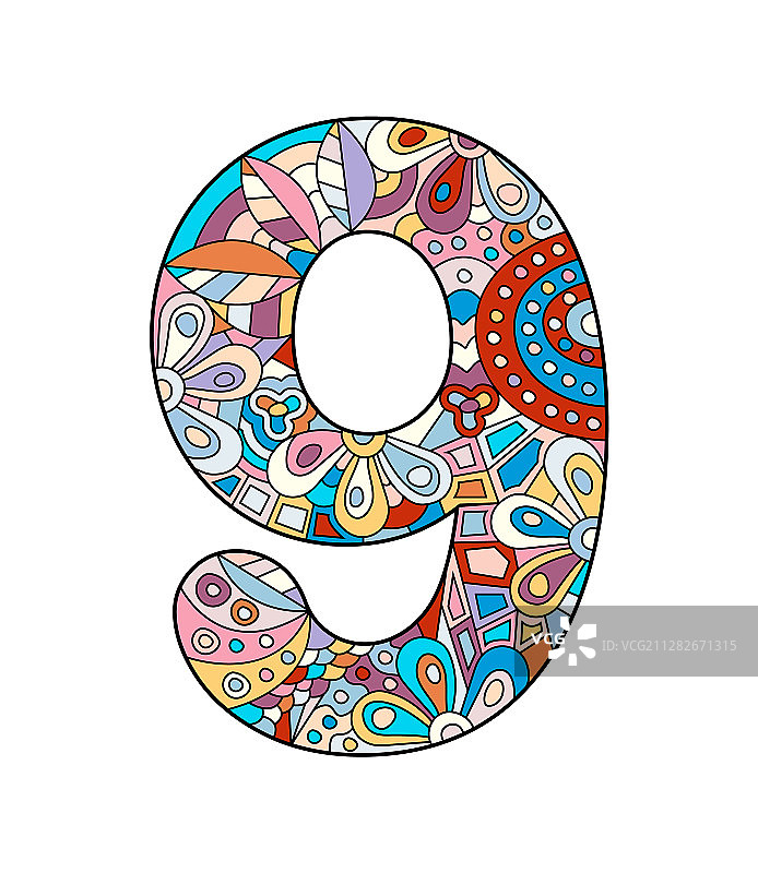zentangle风格的彩色数字9图片素材
