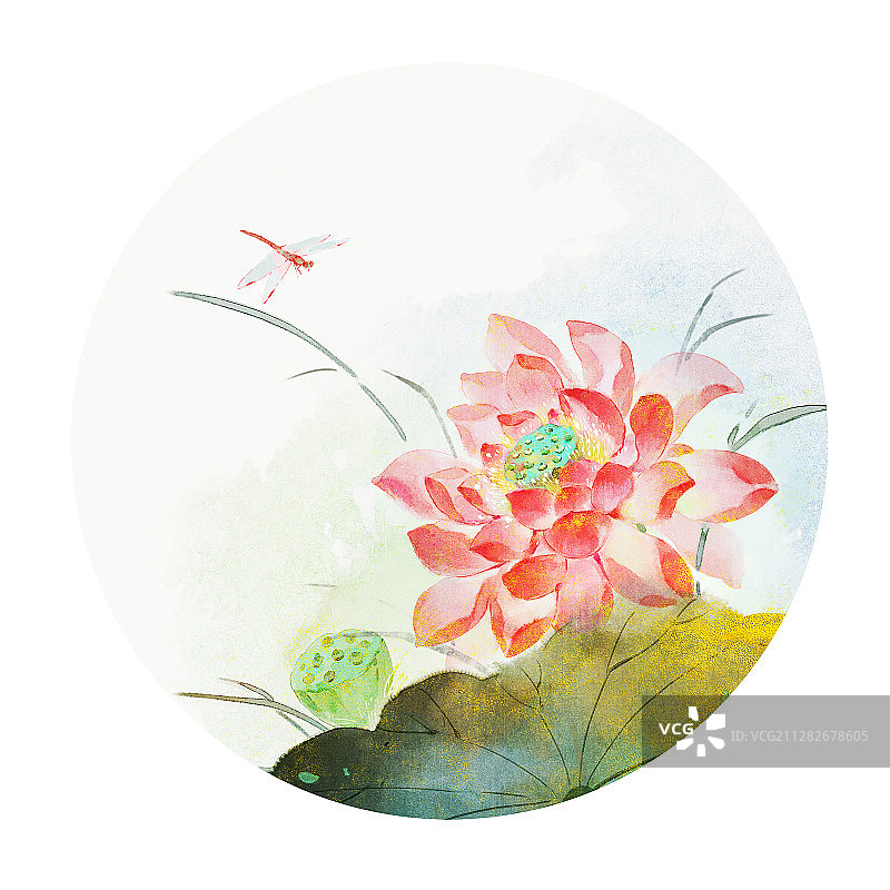 荷花圆形构图水墨画图片素材