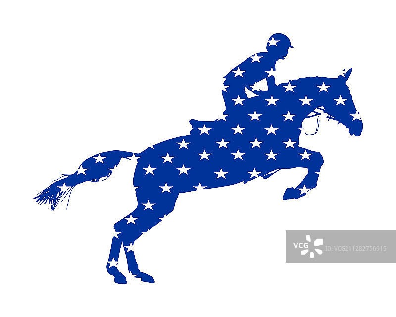 美国国旗与跨越障碍的优雅赛马图片素材