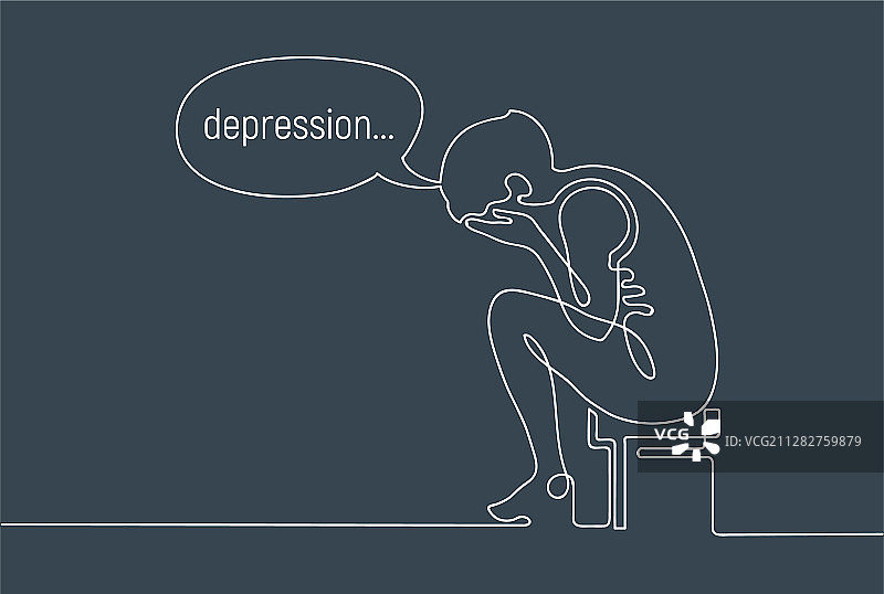 坐在凳子上的情绪低落的女人线条画图片素材