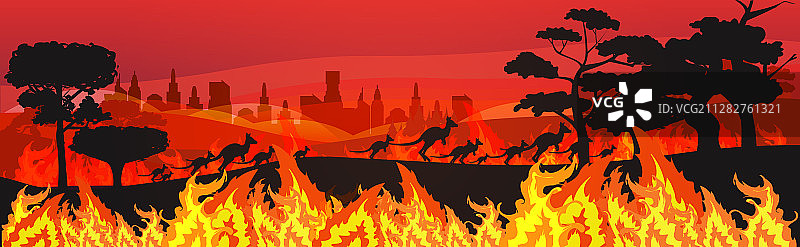 从森林火灾中逃生的袋鼠剪影图片素材