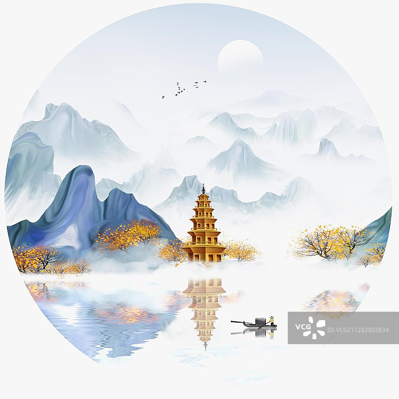 新中式淡雅蓝色意境山水画图片素材