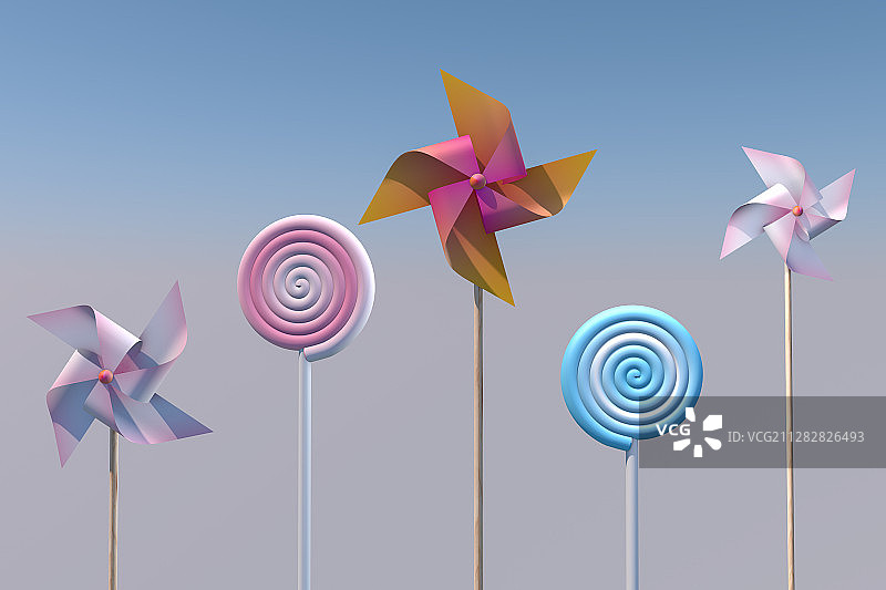 3d渲染的纸风车和棒棒糖,c4d软件制图图片素材
