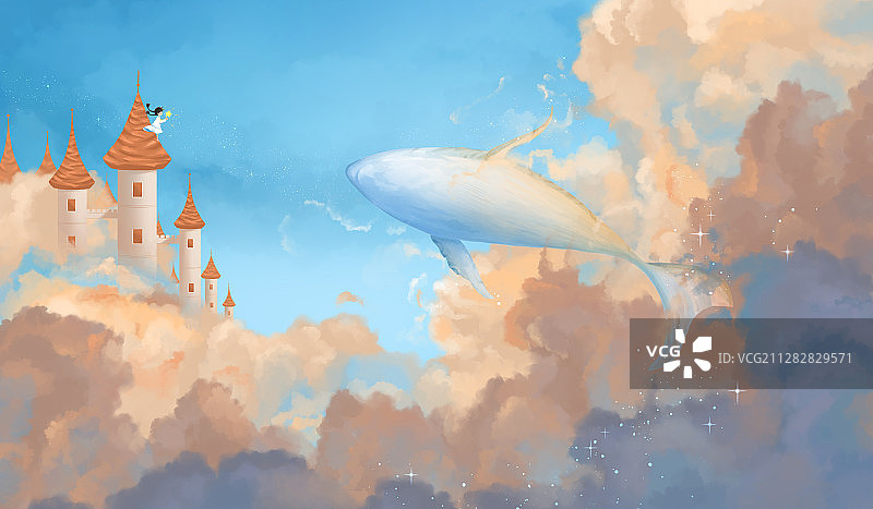 天空城：女孩站在屋顶旁边有腾起的鲸图片素材