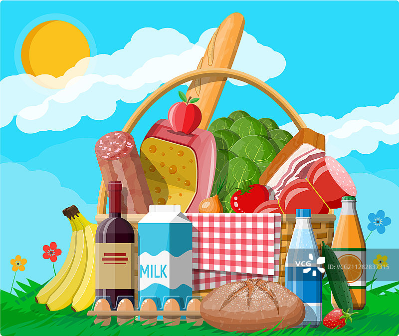 装满食物的柳条野餐篮图片素材