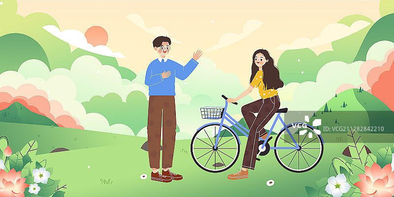 在美丽的户外风景约会的男女青年卡通插画图片素材