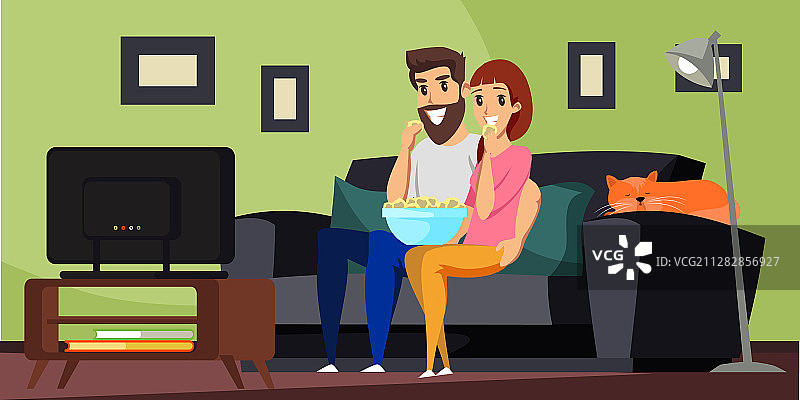 情侣看电视（扁平风格）图片素材