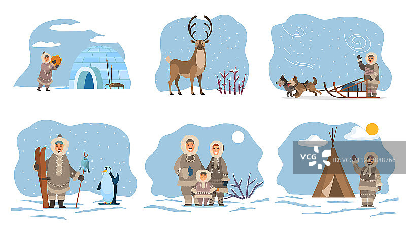 爱斯基摩家庭和动物角色组合图片素材