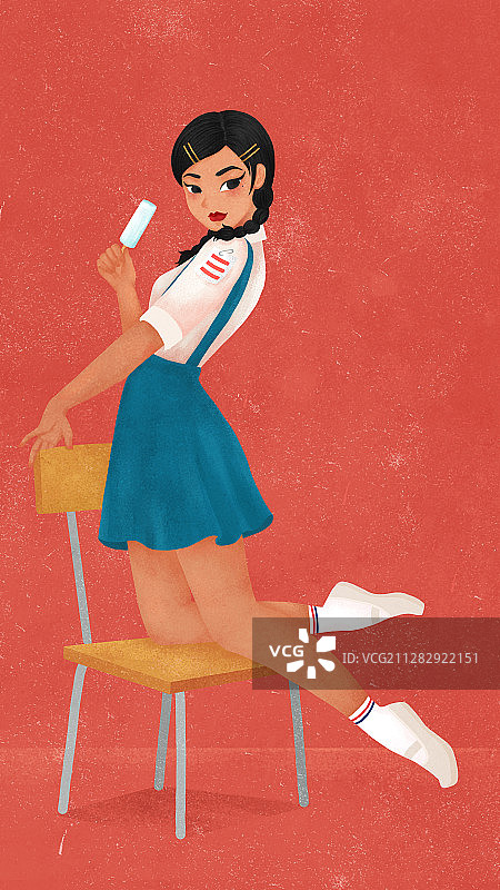穿复古校服吃冰棒的女孩图片素材