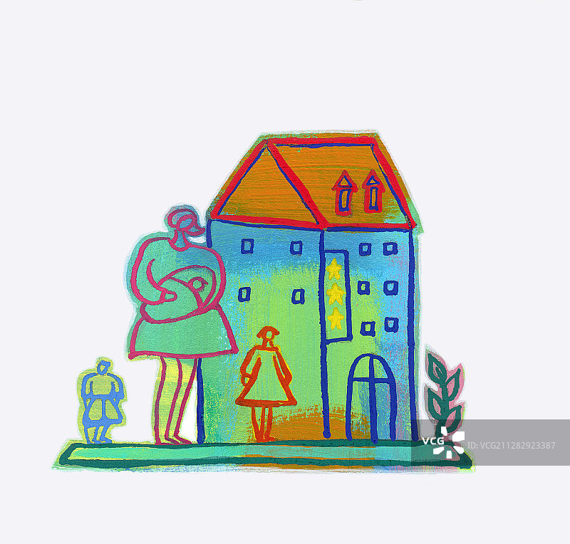 站在房子前的女人和孩子们图片素材