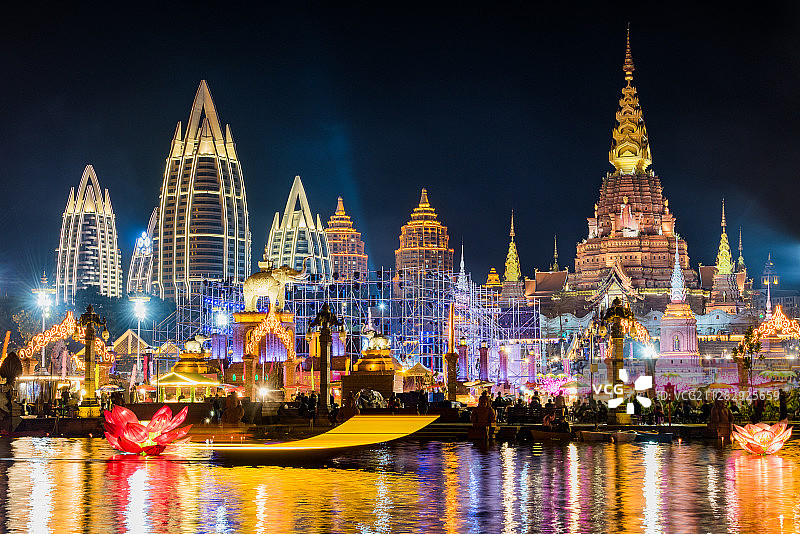 西双版纳景洪市告庄西双景夜景图片素材