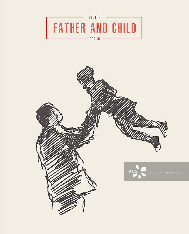 父亲抱着儿子，手绘草图图片素材