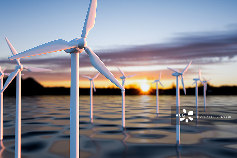海上风力发电，三维渲染图片素材