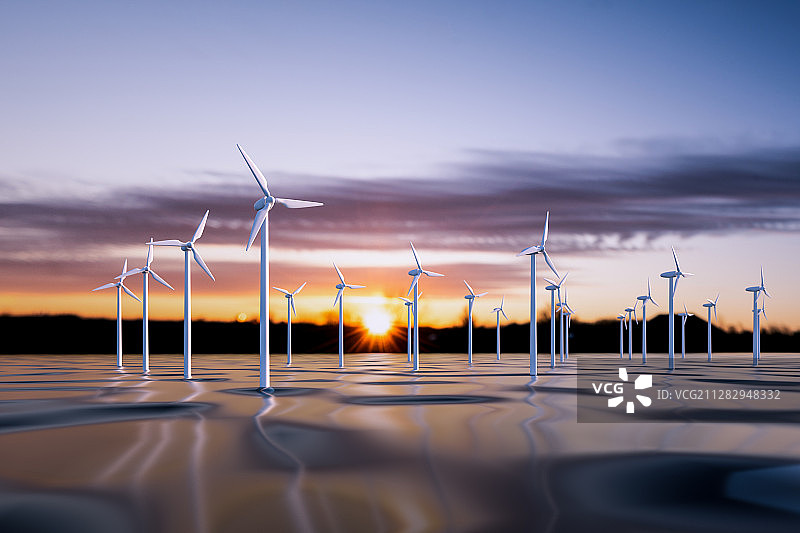 海上风力发电，三维渲染图片素材