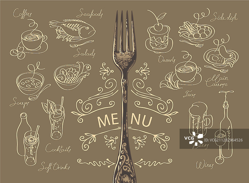 带有叉子和各种菜肴草图的菜单图片素材