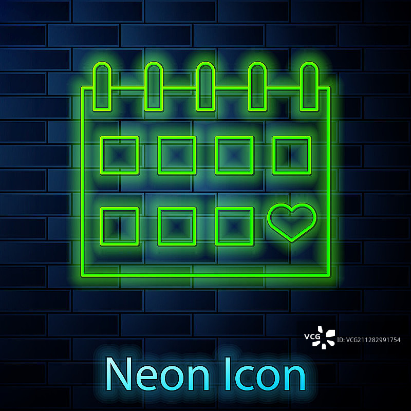 发光的霓虹灯线条日历与心形图标图片素材