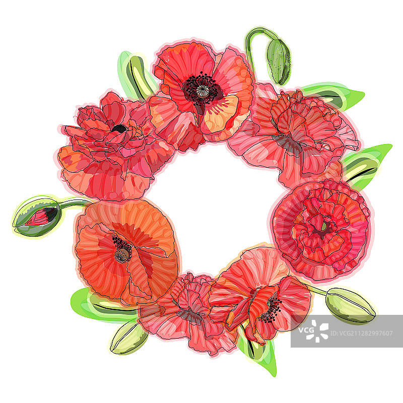 水彩罂粟花祝贺花环图片素材