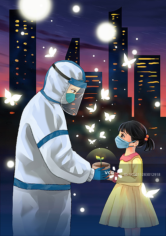 医生和小女孩一起手捧刚刚萌芽的盆栽图片素材