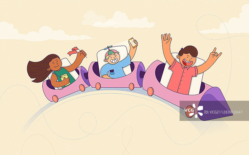 孩子们在夏天兴奋地乘坐过山车图片素材