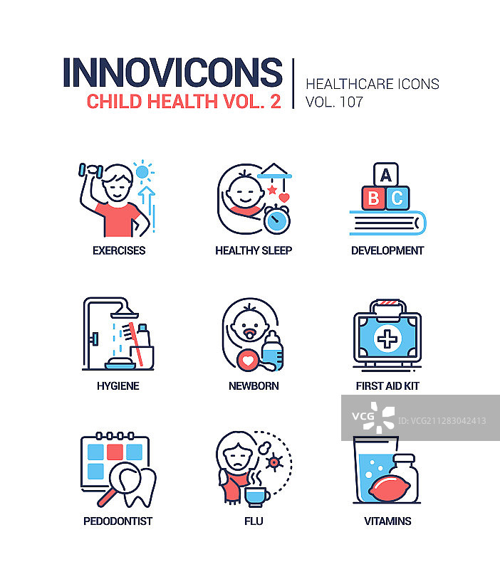 儿童健康线性设计风格图标集图片素材